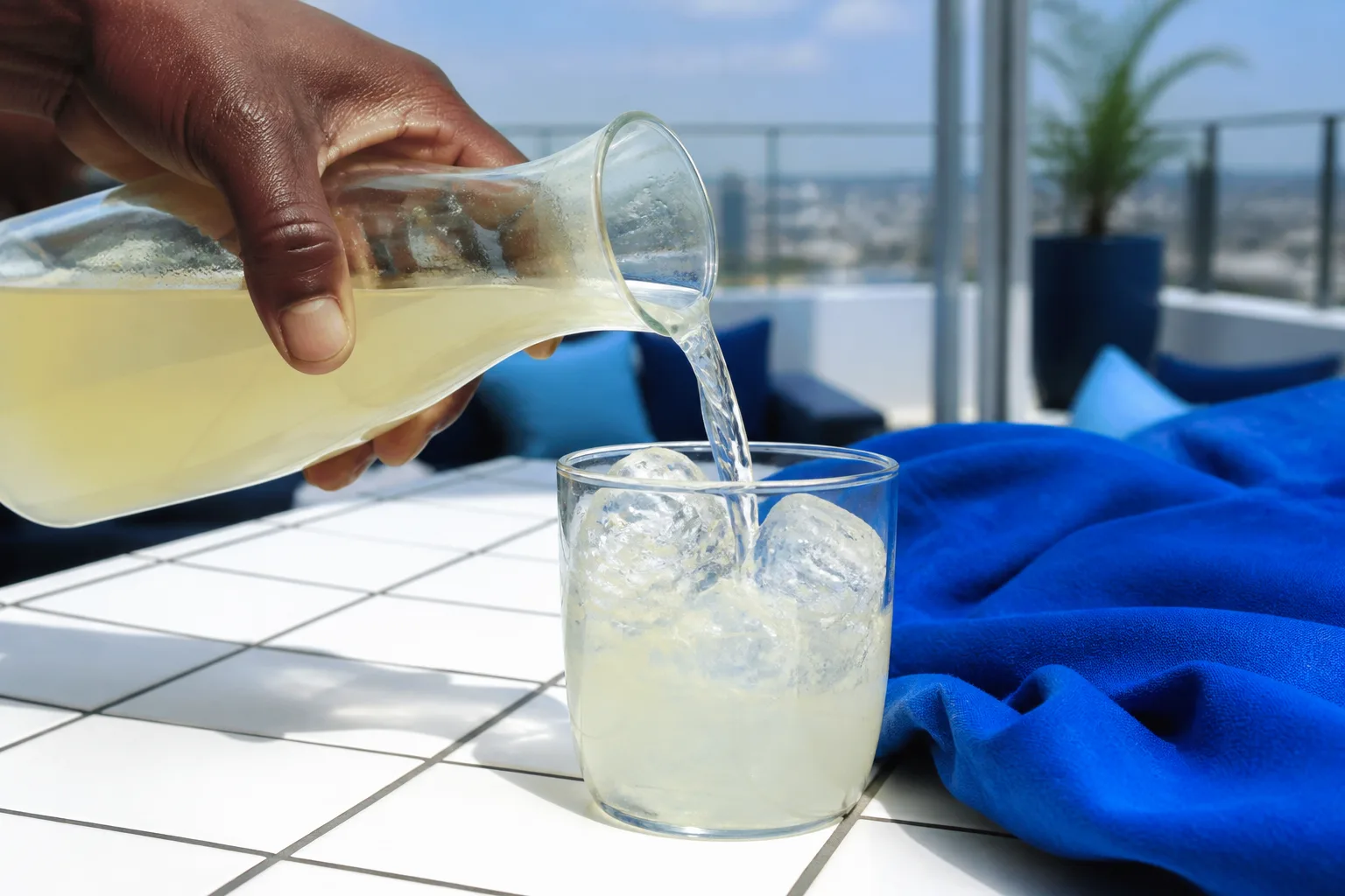 Une boisson versée sur des glaçons